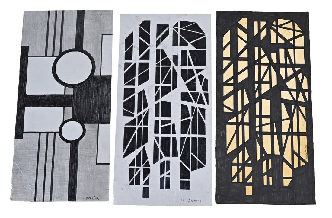 3x Klaas Bernink, 3x Abstract: Three works by Klaas Bernink. 1913 - 1996 Glanerbrug. Three abstract designs. Mixed media on paper. Dimensions: H 44 x W 20.5 cm. In good condition.