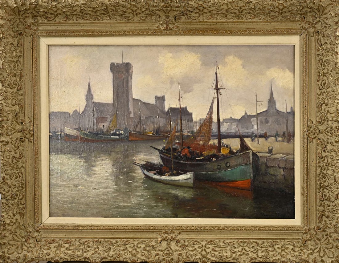 Cornelis de Bruijn Jr., Dutch harbor with fisherman and fishing boat: Cornelis de Bruijn Jr. 1901 – 1974. Dutch harbor with fisherman and fishing boat. Oil on canvas. Dimensions: H 50 x W 70 cm. In good condition.