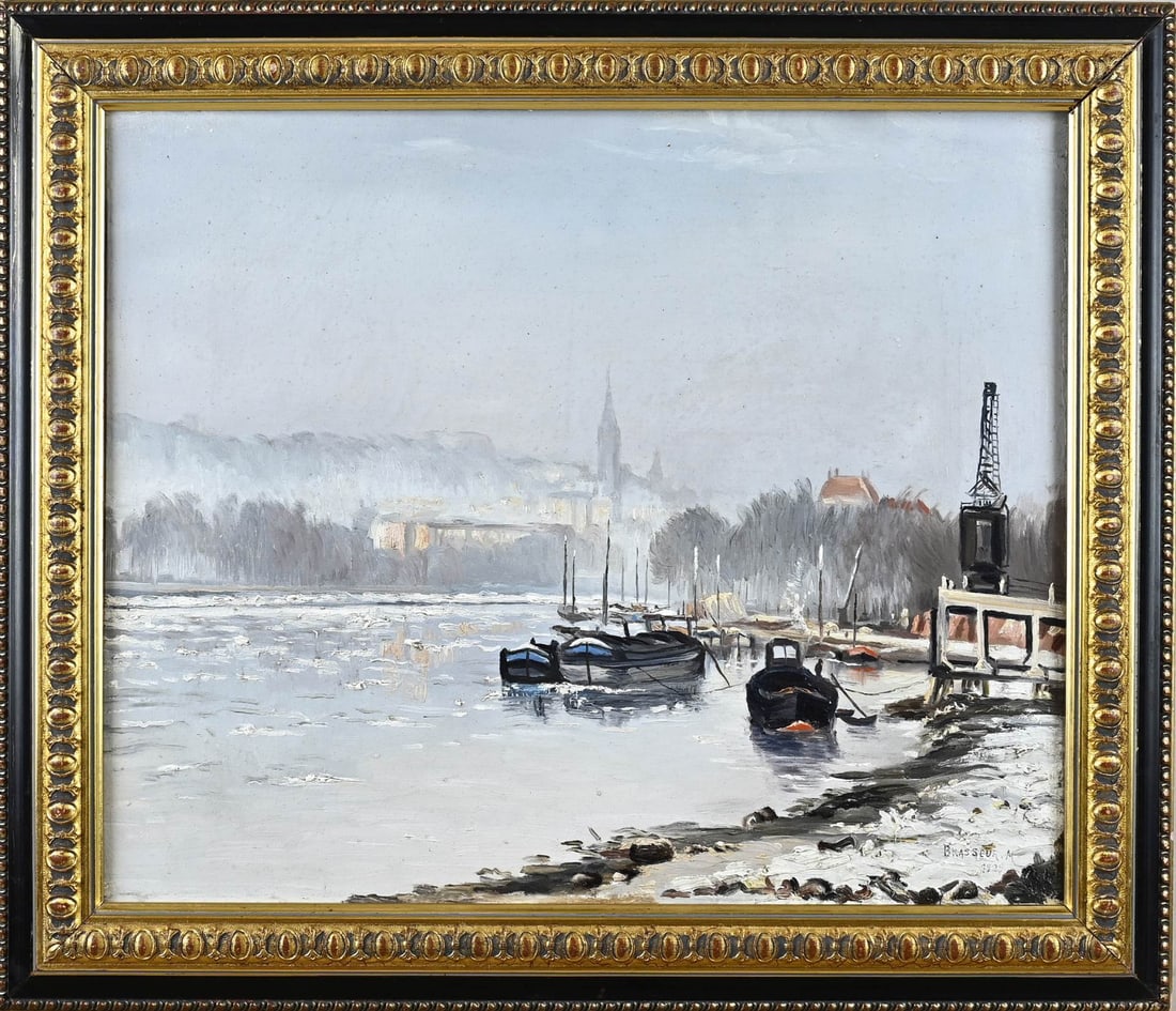 M. Brasseur, Harbor View in Winter: M. Brasseur. French School. Harbor view in winter. Oil on canvas. Dimensions: H 45 x W 55 cm. In good condition.