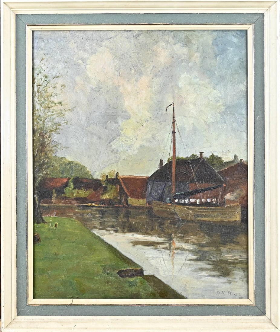 HM Bijl, Village view with skûtsje: HM Bijl. Village view with skûtsje. Oil on board. Dimensions: H 50 x W 40 cm. In good condition.