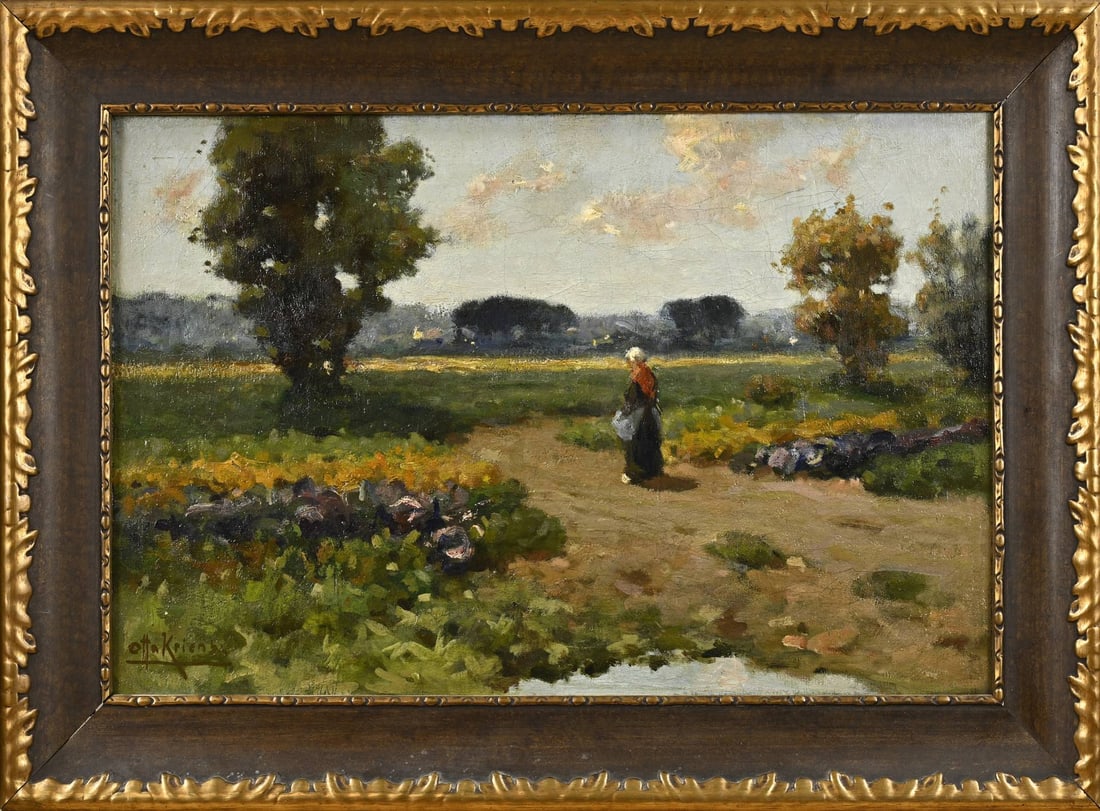 Otto Kriens, Peasant Woman Walks Across the Field: Otto Kriens. 1873 – 1930. Peasant woman walking across the field. Oil on canvas. Dimensions: H 56 x W 36 cm. In good condition.