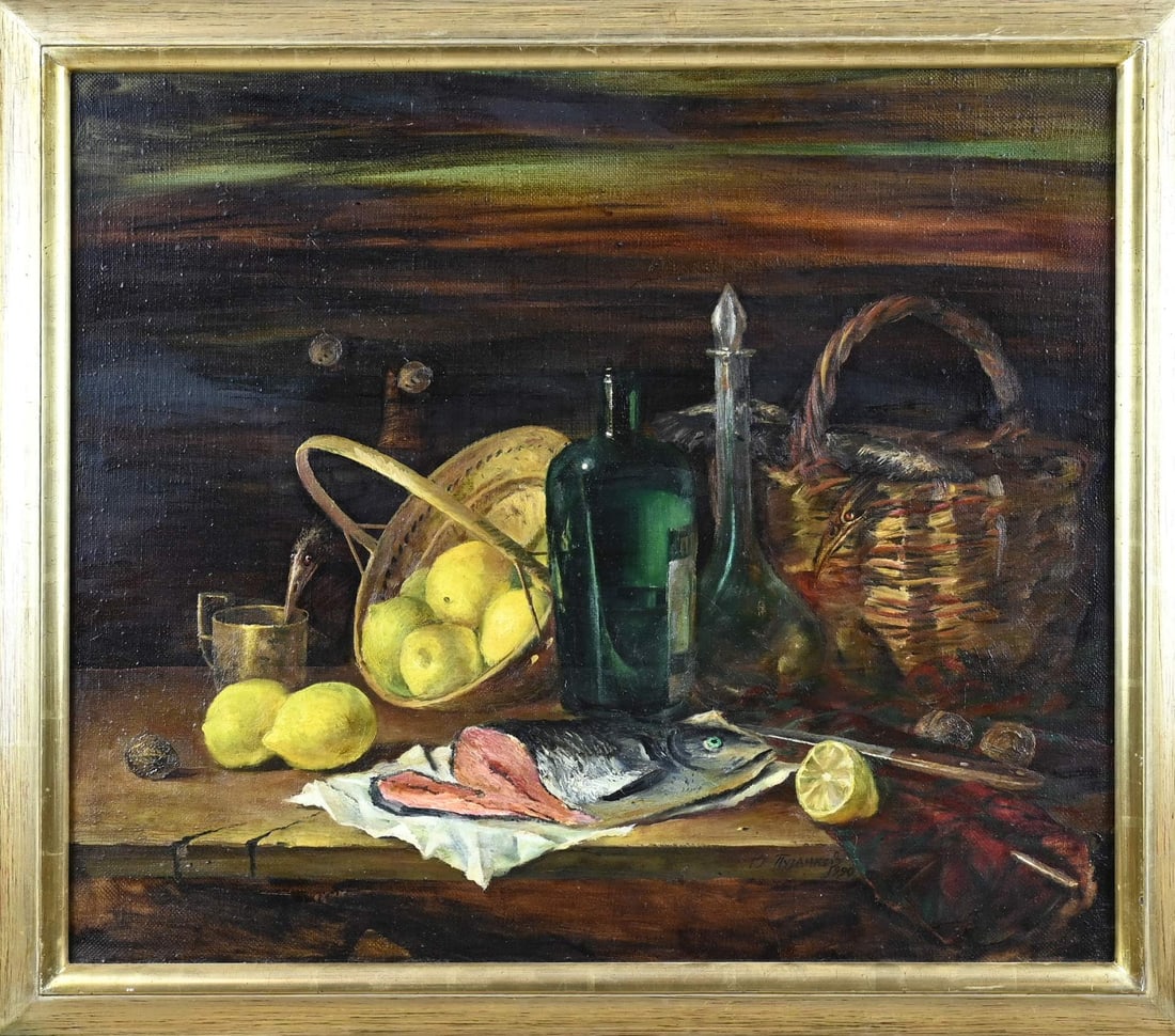 Russian School, Still Life with Fruit and Bottles: Russian School. Signed in Cyrillic. Still life with fruit and bottles. Moscow, 1950. Oil on canvas. Dimensions: H 58 x W 69 cm. In good condition.