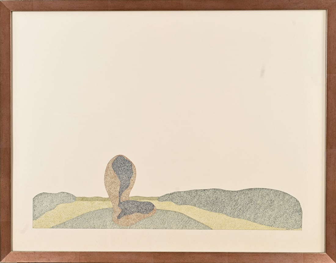 Rein van de Wetering, Pointillist landscape: Rein van de Wetering, 1972. 1937 - . Pointillist landscape. Indian ink on paper. Dimensions: H 50 x W 65 cm. In good condition.