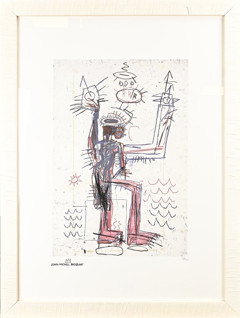 Basquiat emphasis, Modern: Offset print. Emphasis Jean Michel Basquiat. Robot-like figure. No. 60/100. Print on paper. Dimensions: H 70 x W 50 cm. In good condition.