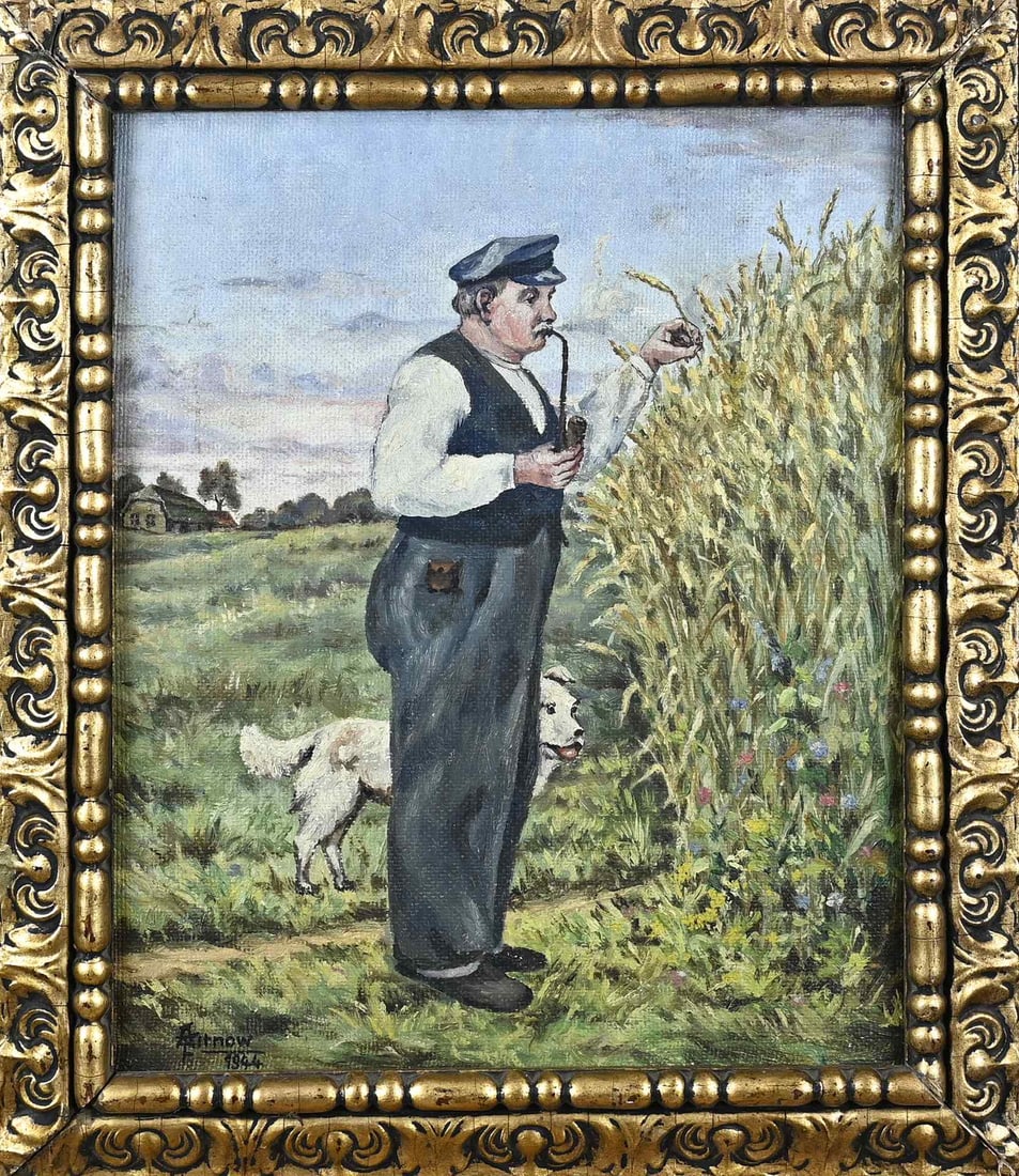 F. Aitnow, Man with a Pipe: F. Aitnow. 1944. Man with pipe in landscape. Oil on board. Dimensions: H 40 x W 31 cm. In good condition.