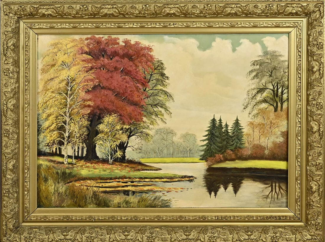 Painting, Park View: Painting, unsigned. 20th century. Park view, with a substantial antique gold-colored frame. Dimensions: H 92 x W 113 cm. In good condition.