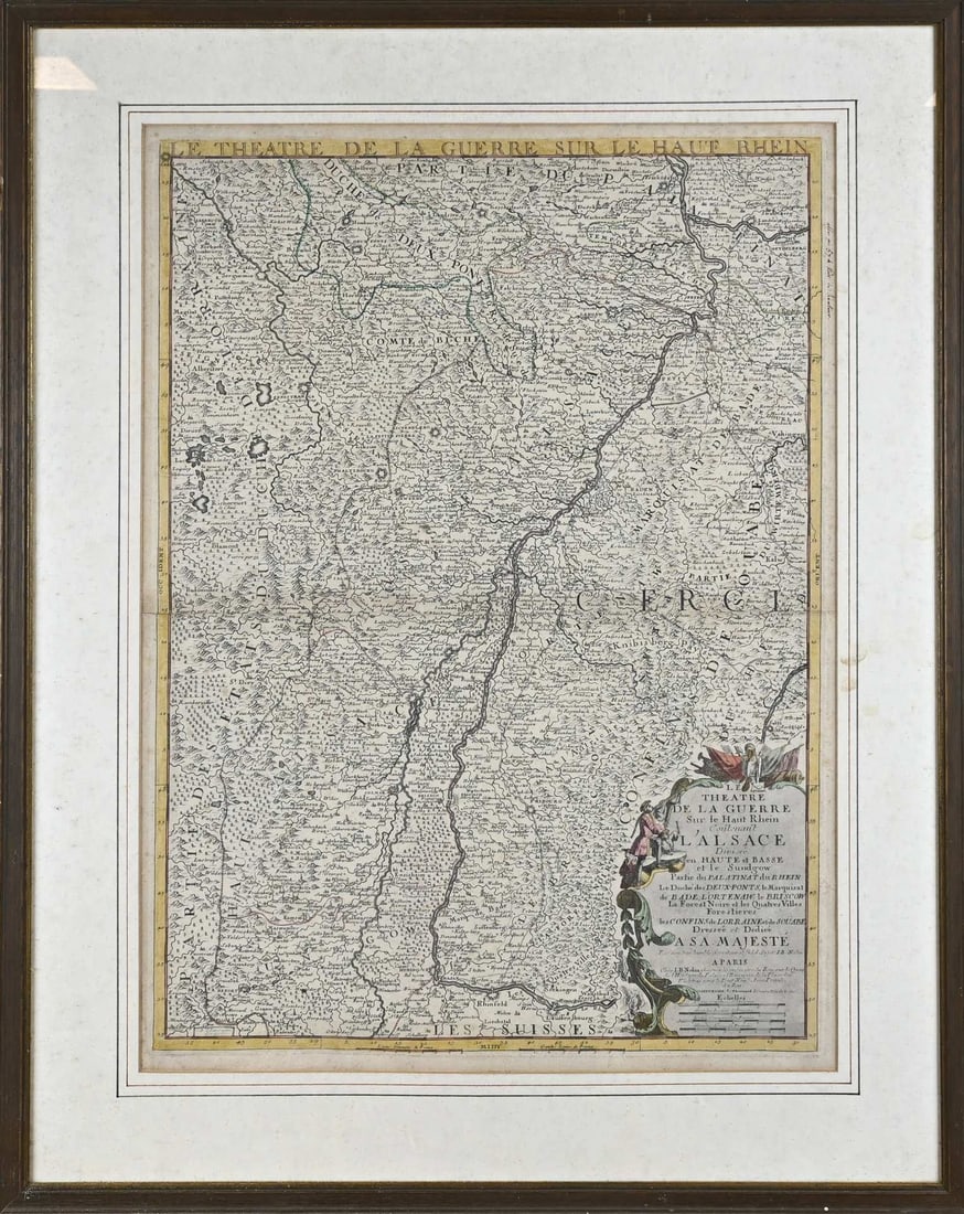 Antique map: Antique map, Theater de la Gere sur le haut Rhein. By JB Nolin. 1657 - 1725. Engraving on paper. Dimensions: H 50 x W 67 cm. In good condition.