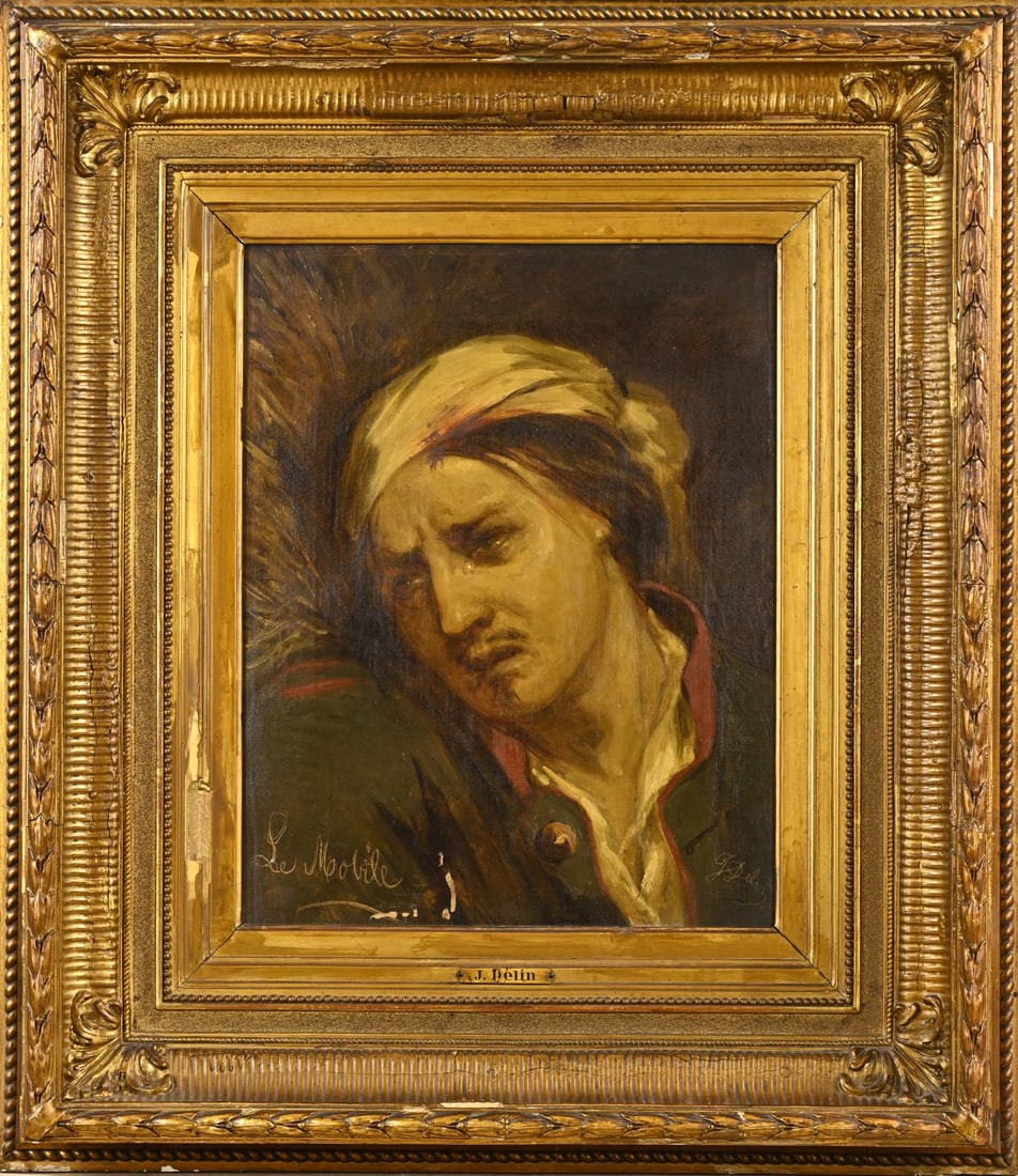 Joseph Delin, Portrait of a Wounded Man with a Tear: Joseph Delin. 1821 - 1892. Portrait of a wounded man with a tear. Le Mobile. Oil on canvas. A few areas of paint loss. Dimensions: H 36 x W 29 cm. In fair/good condition.