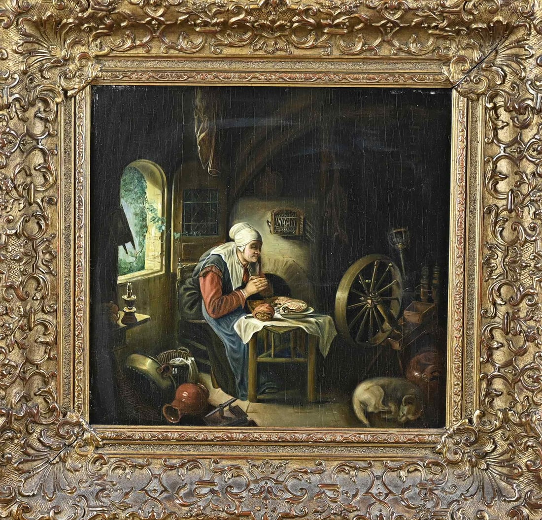 Unsigned, Woman in interior: Unsigned. 19th century. Woman in an interior before a meal. Oil on panel. Dimensions: H 28 x W 30 cm. In good condition.