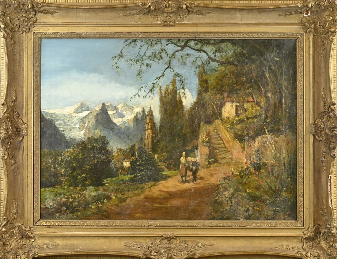 Beaury, Hiker with a donkey in the mountains: Beaury. Circa 1900. Austrian or Swiss School. Hiker with donkey in the mountains. Oil on canvas. Dimensions: H 50 x W 70 cm. In fair/good condition.