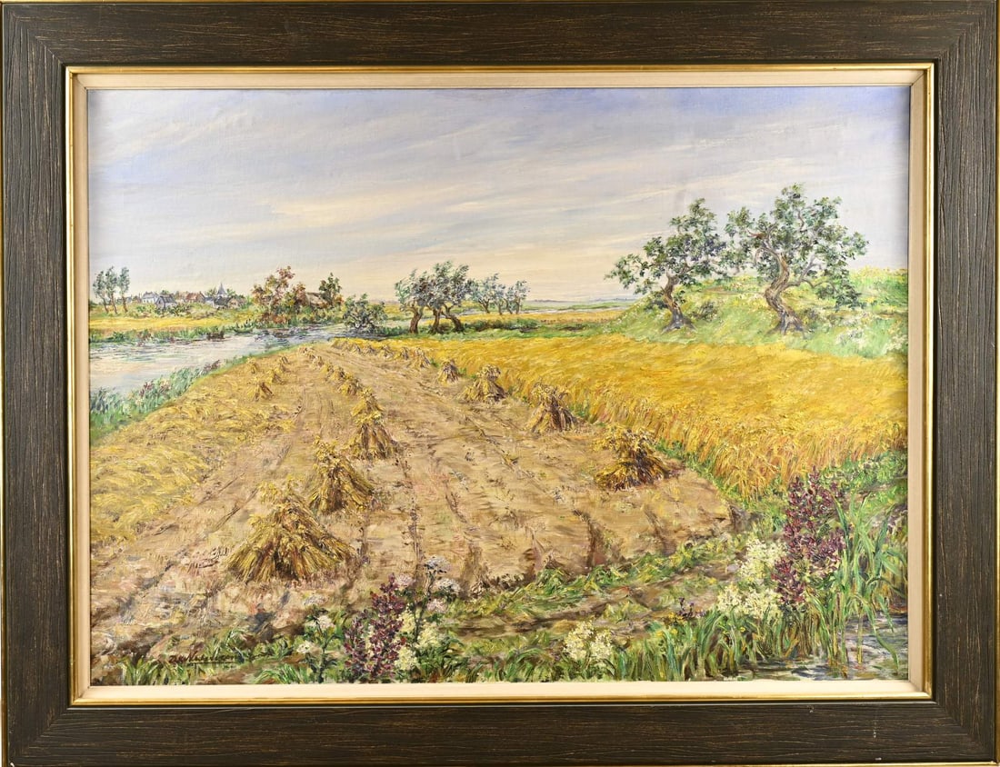 D. Nederveen, Landscape with sheaves of corn: D. Nederveen. Landscape with sheaves of wheat. Oil on canvas. Dimensions: H 80 x W 110 cm. In good condition.