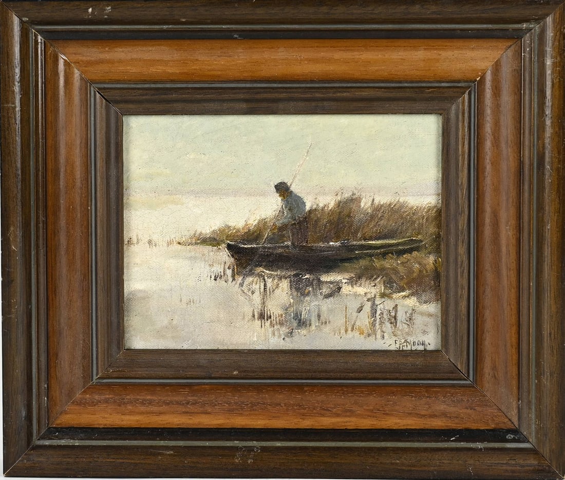 FA Mooy, Punter in the reeds: FA Mooy. 1884 – 1968. Punt in the reeds. Oil on canvas. Marouflé. Dimensions: H 15 x W 19 cm. In good condition.