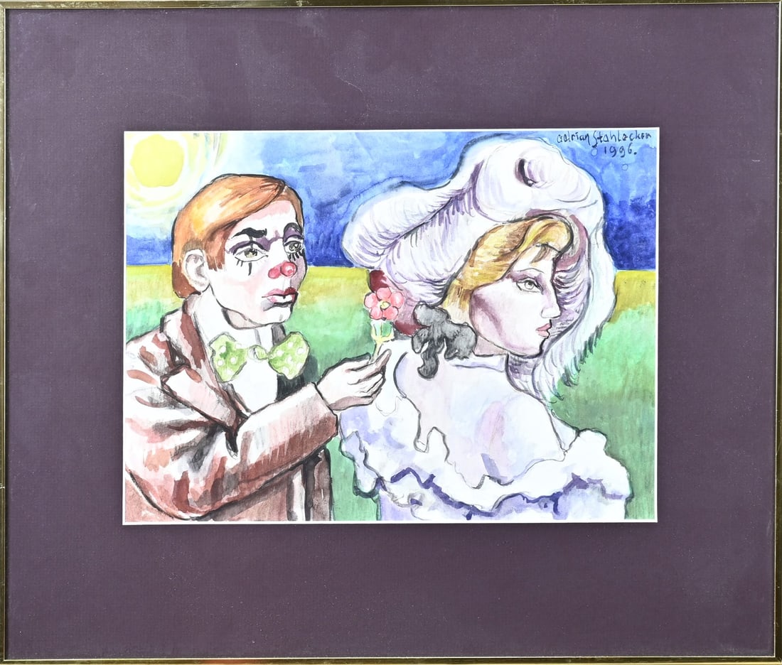 Adrian Stahlecker, Clown with lady: Adrian Stahlecker, 1996. 1937 The Hague. Clown with lady. Watercolor on paper. Dimensions: H 22 x W 30 cm. In good condition.