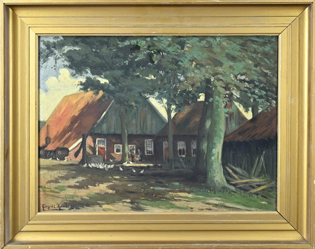 G. Krol, Twente farmhouse: Gerard Krol. 1882 - 1950 Enschede. Twente farmhouse with farmer, farmer's wife and chickens. Oil on painting cardboard 35x48 cm. In good condition.