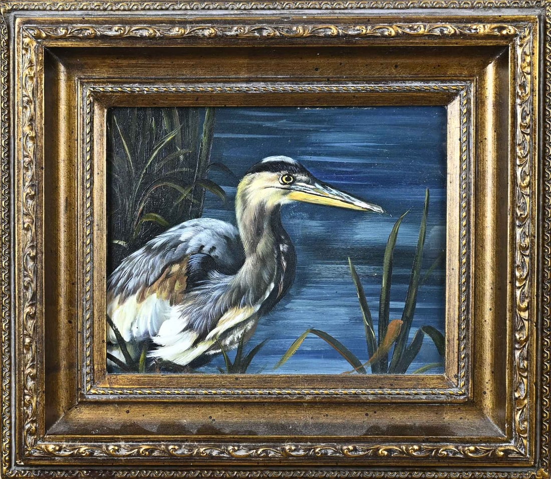 Painting, Heron at the waterside: Unsigned. Second half of the 20th century. Heron at the waterside. Oil on panel. Dimensions: H 20 x W 24 cm. In good condition.