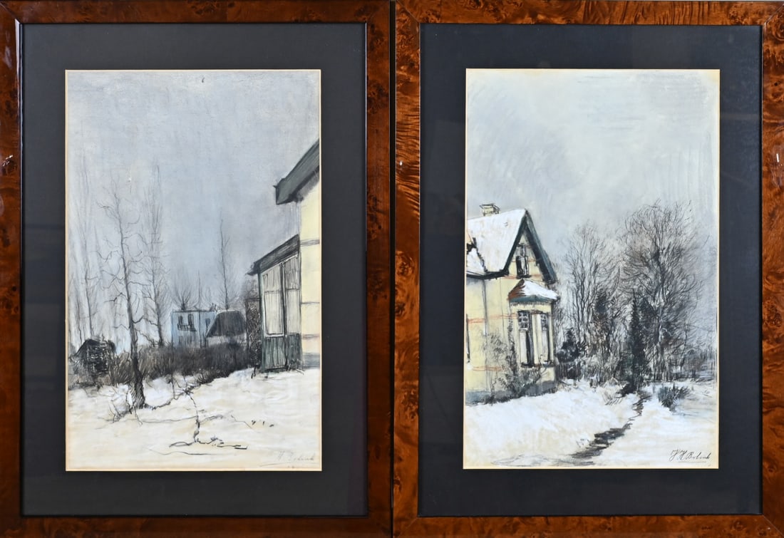 2x JH Bolink, 2x Winter View: Pendant, Jan Harm Bolink. 1913 - 1998. 2x Winter Scene. House near Enschede?. Pastel on paper. Dimensions: H 49 x W 31 cm. In good condition.
