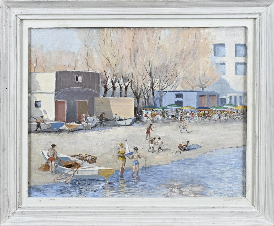Painting, Beach Scene Falinski Rhodes by Wim Anker: Painting. Beach scene Falinski, Rhodes, created by Wim Anker with many figures. 20th century. Oil on canvas. Dimensions: H 30 x W 39 cm. In good condition.