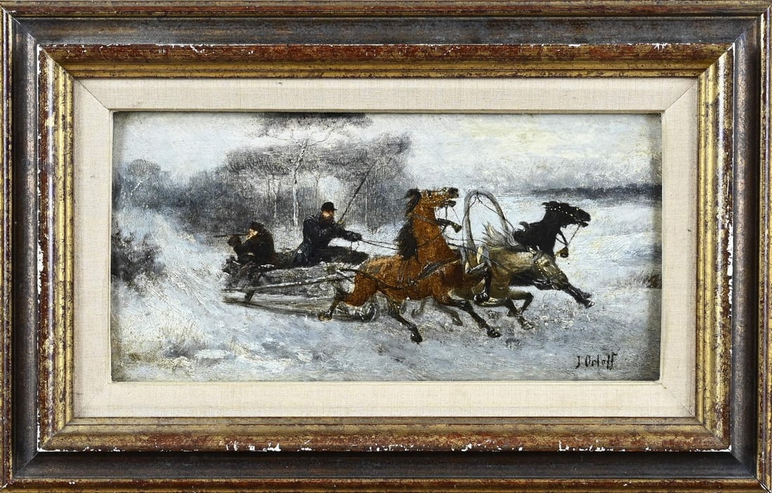 J. van Petrovitsch Orloff, Sleigh with figures: J. van Petrovich Orloff. 1815 - 1861. Russian School. Sleigh with figures. Oil on panel. Dimensions: H 15.5 x W 31 cm. In good condition.
