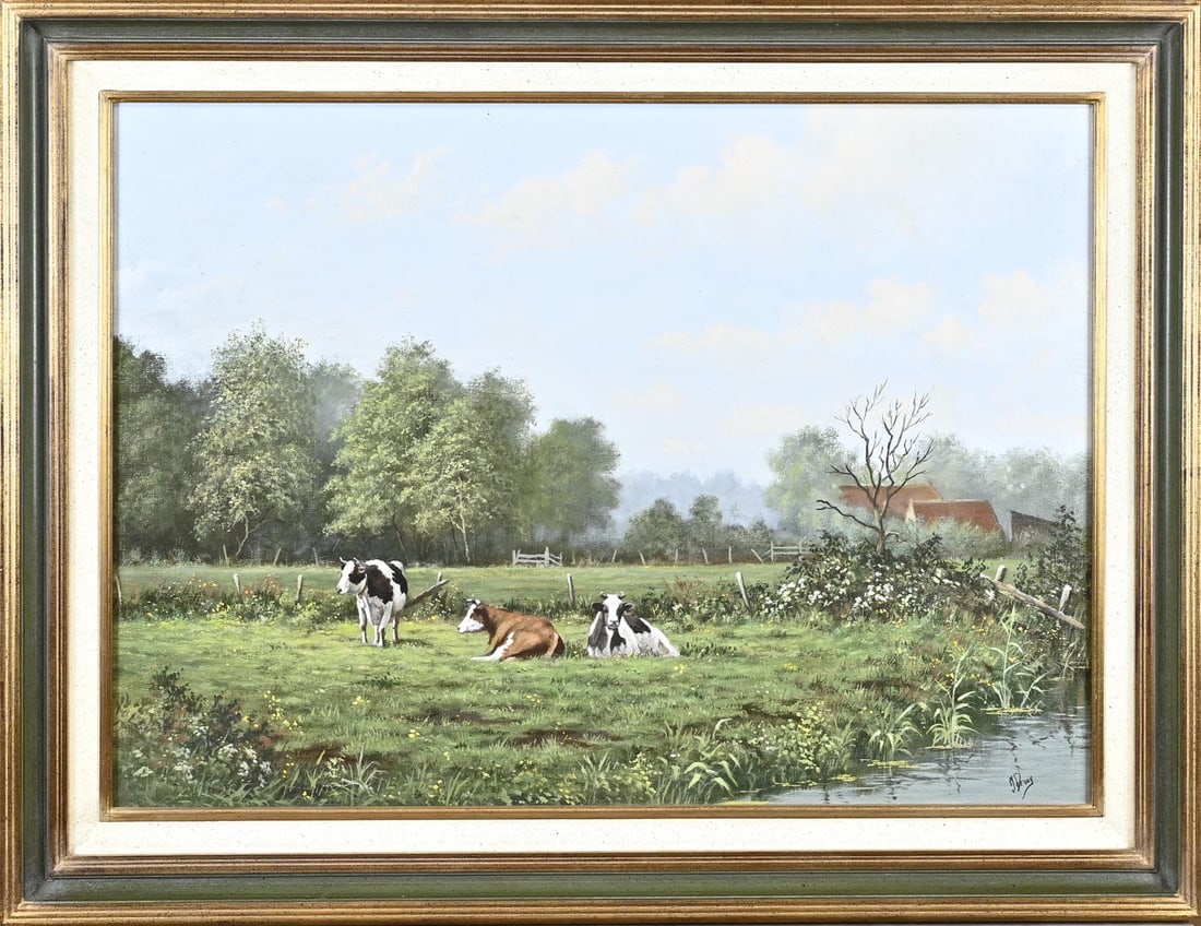 J. Droog, Cows in a landscape: J. Droog. Circa 1970. Dutch landscape with cows. Oil on canvas. Dimensions: H 50 x W 70 cm. In good condition.