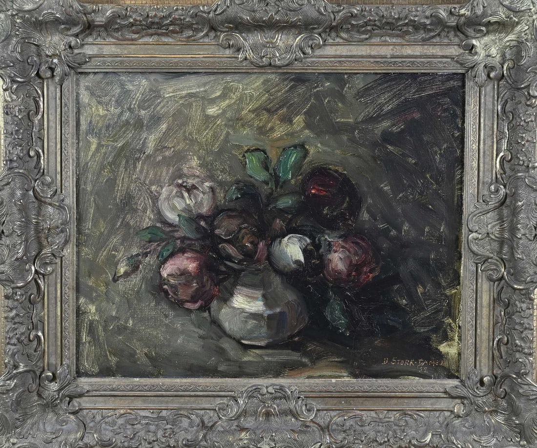 HMB Stork - Damen, Still Life: HMB Stork - Damen. 1900 - 1990. Still life, vase with flowers. Oil on canvas. Dimensions: H 40 x W 51 cm. In good condition.