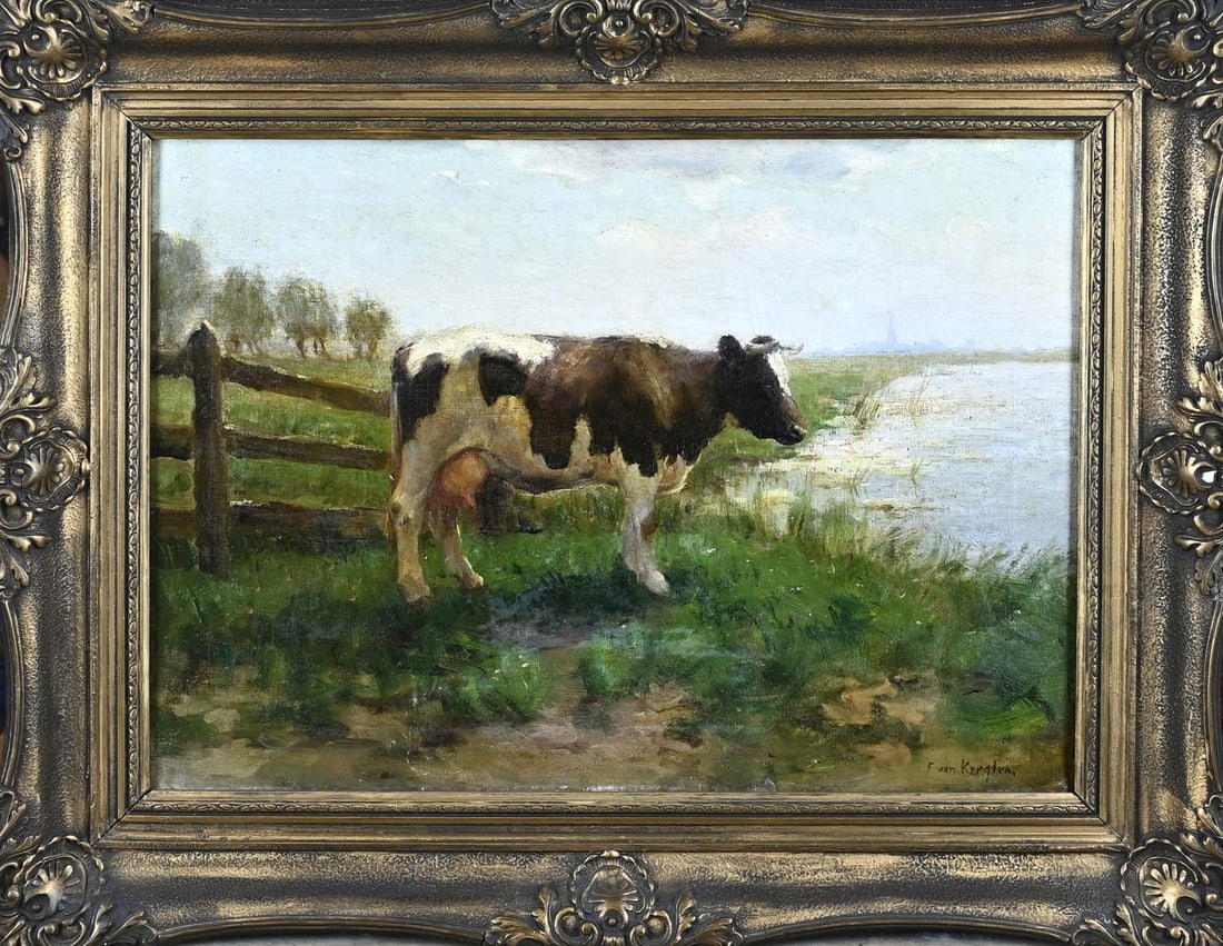 F. van Kregten, Cow at watering place: Fedor van Kregten. 1871 - 1937 Enschede. Cow at a watering hole. Oil on canvas. Dimensions: H 40 x W 55 cm. In good condition.