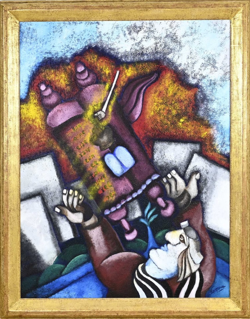 Patty Harpenau, Fantasy performance: Patty Harpenau. 1959 - . Large work. Fantasy scene with figure. Oil on canvas. Dimensions: H 120 x W 90 cm. In good condition.