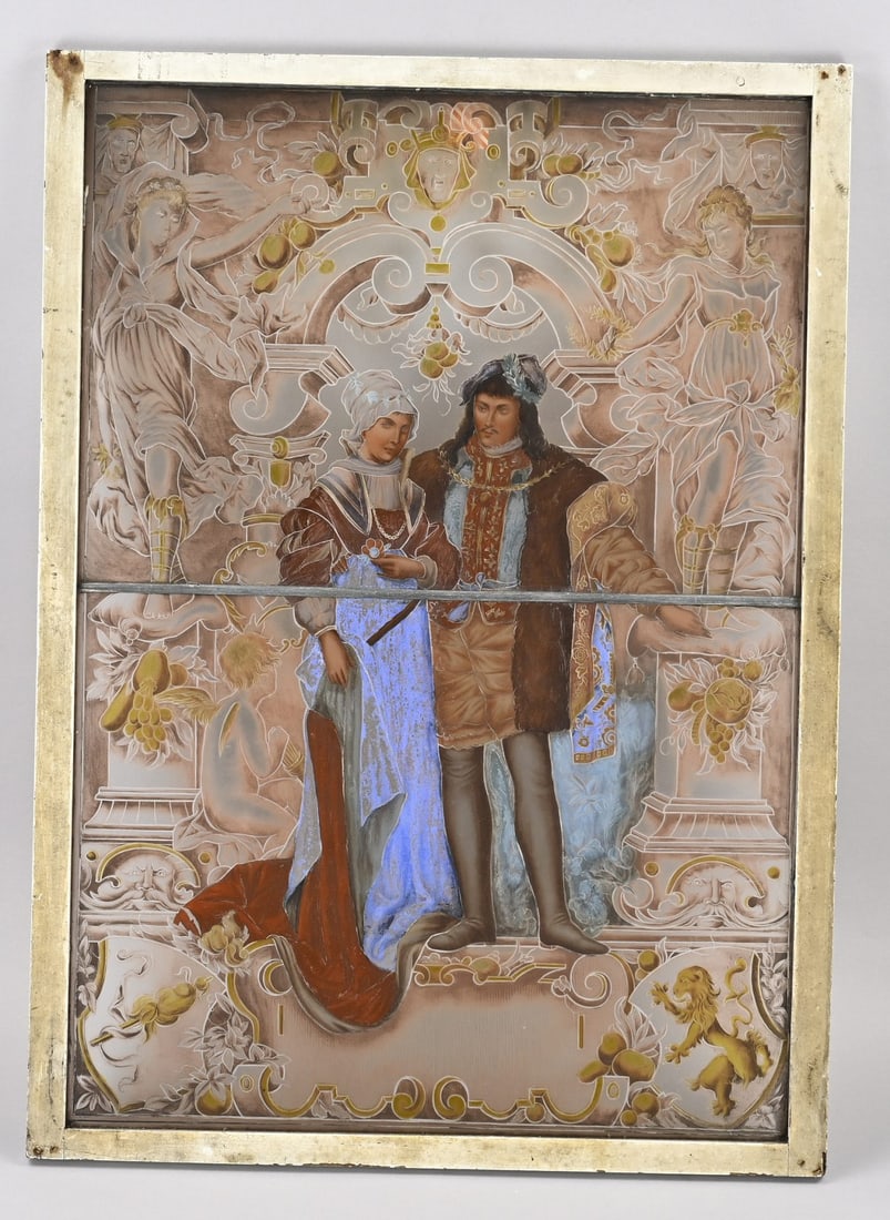 Historic stained glass, 70 x 50 cm.: Beautiful, antique stained-glass window. Historicism. Circa 1880. Decoration with a loving couple and heraldic symbols. Dimensions: 70 x 50 cm. In good condition.