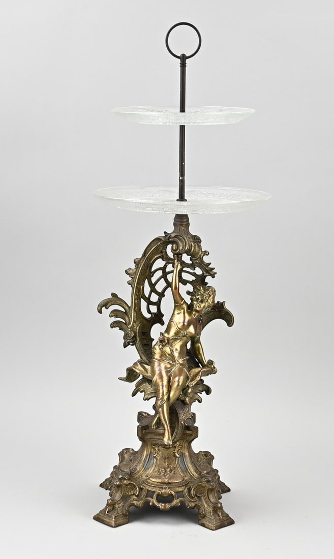Bronze etagere, H 64 cm.: Antique, French, bronze etagere with a half-nude lady and glass bowls. Circa 1900. Dimensions: H 64 cm. In good condition.