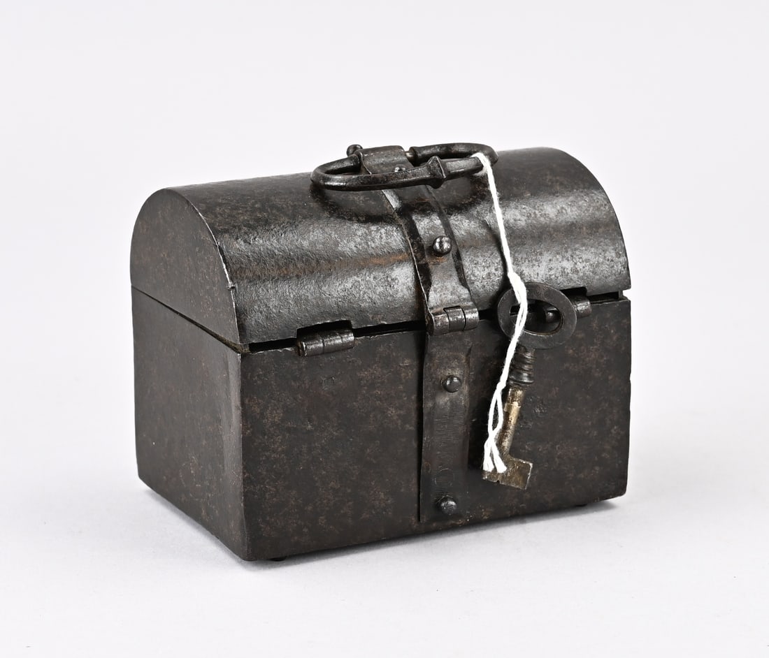 Iron money box: Small 18th-century iron cash box with concealed lock plate. Dimensions: 10 x 12 x 8.5 cm. In good, unrestored condition.