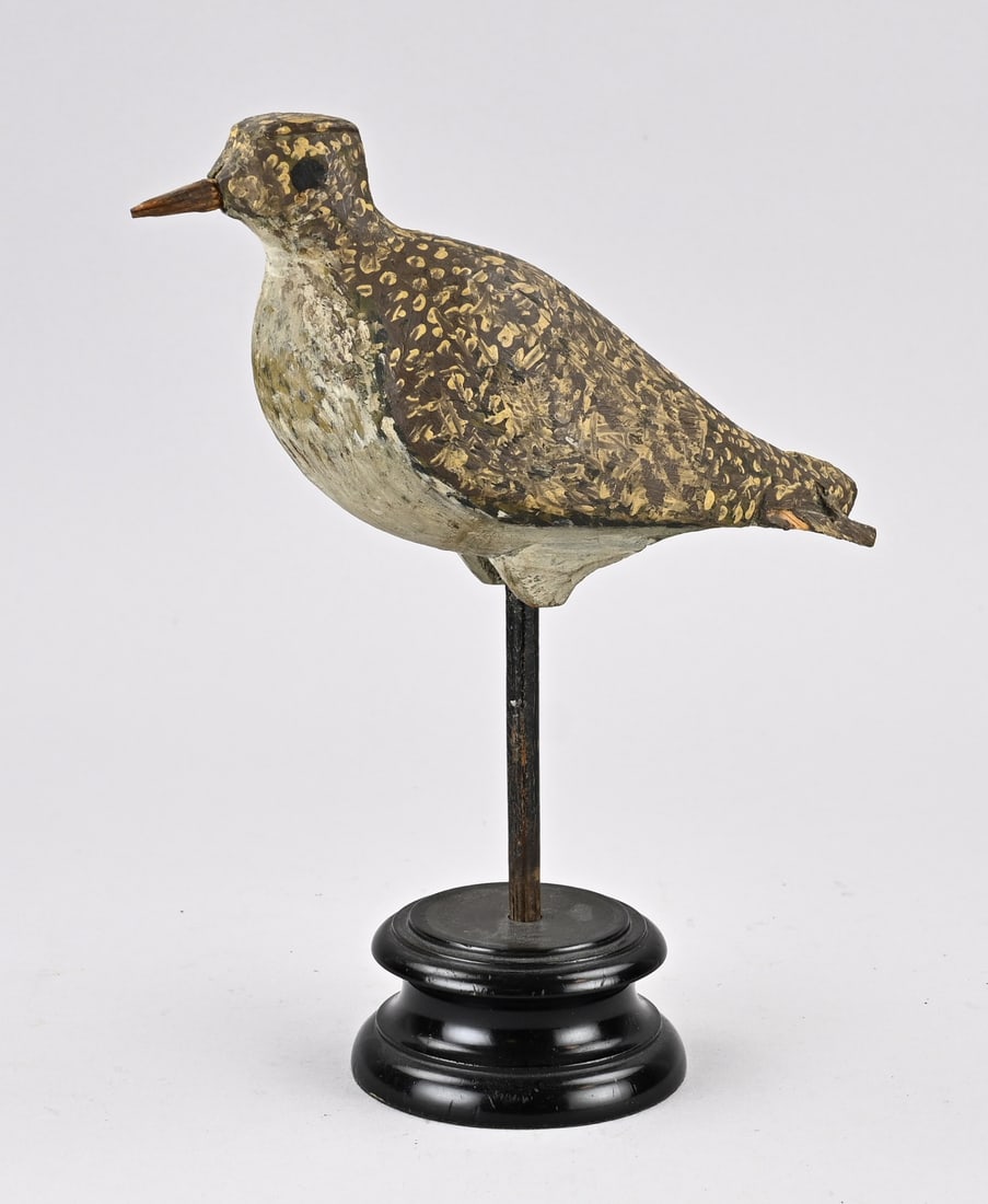 Antique wooden snipe (bird): Antique, polychrome wooden snipe on an ebonized wooden base. Dimensions: H 28 cm. In good condition.