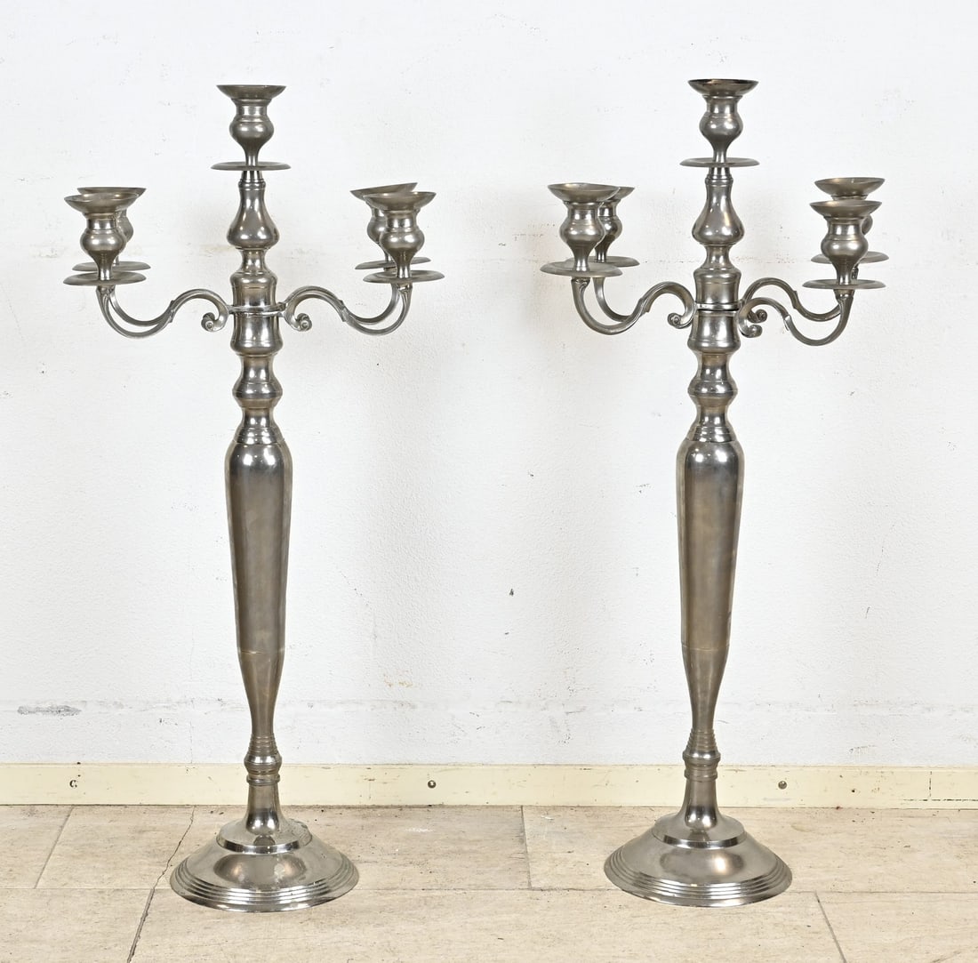 2x 5-arm candlestick, H 97 cm.: Two large 5-light brass-plated candle holders. Second half of the 20th century. Dimensions: H 97 cm. In good condition.