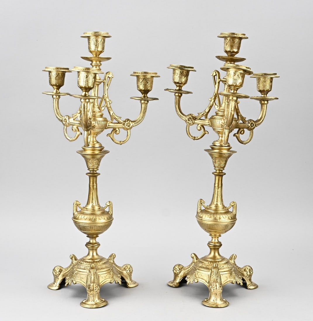 2x Candlestick, H 46 cm.: Two 19th-century French metal candle holders. Gold-colored. Dimensions: H 46 cm. In good condition.