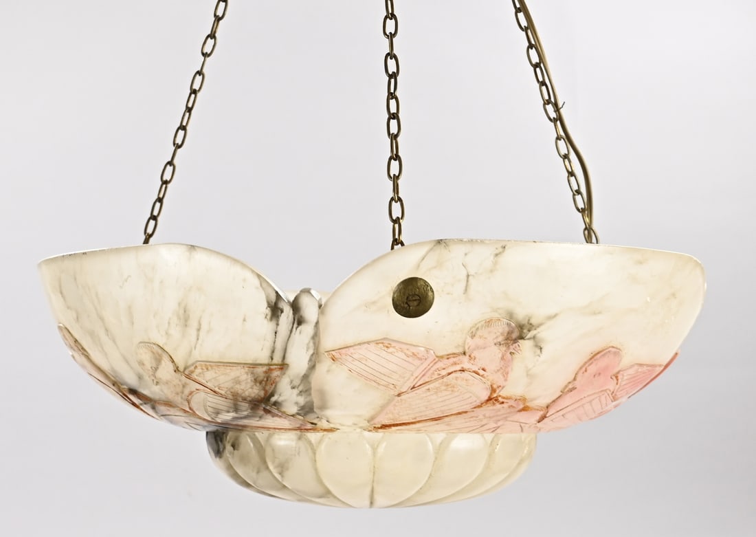 French hanging lamp (alabaster), 1910: Antique French pendant lamp with floral alabaster lampshade. Art Nouveau. Circa 1910. Dimensions: Ø 41cm. In good condition.