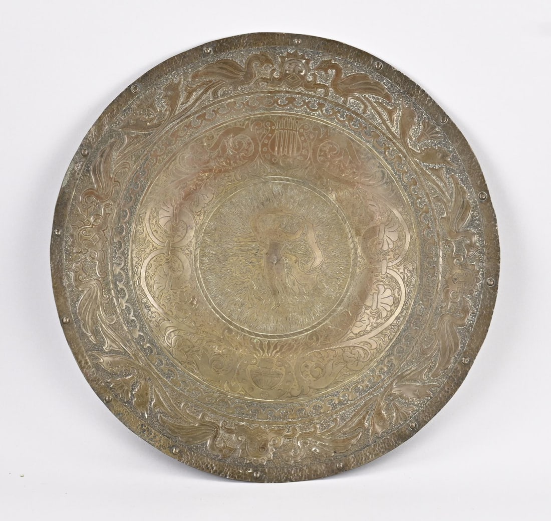 Copper ornamental/wall bowl, 1910: Antique German historicist hammered copper ornamental wall plate with female nude, lyres, tendrils, and phoenixes. Signed E. Dittmer. Dimensions: Ø 49.3 cm. In good condition.
