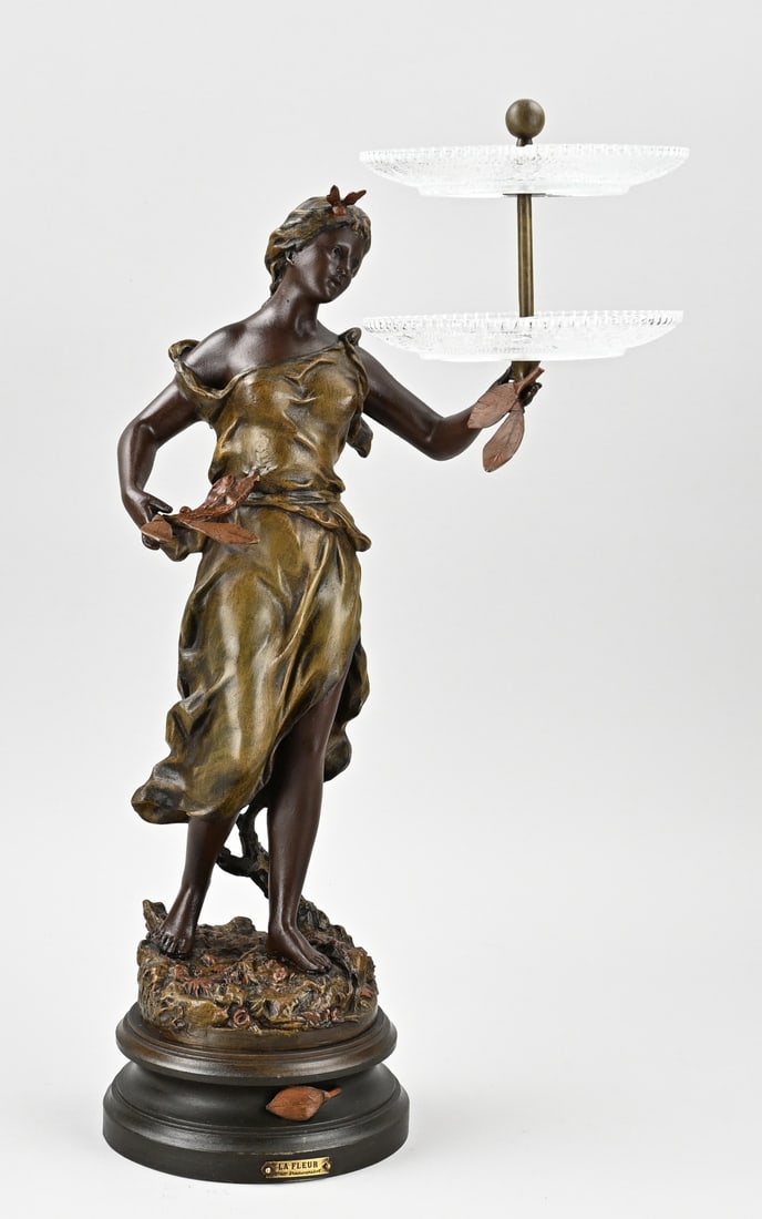 French etagere dish: Antique composition metal figure with glass serving dish. Circa 1900. Title: La Fleur. Dimensions: 52 cm. In good condition.
