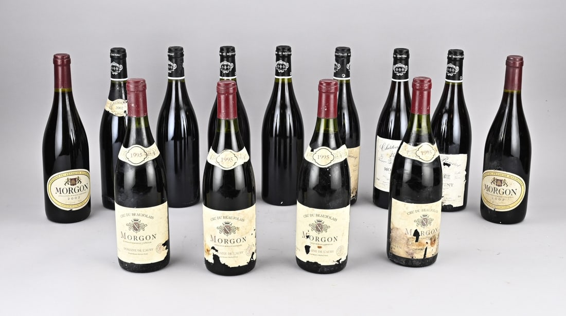 Lot of wine (miscellaneous): Lot with various bottles of red wine. Including: 4x Morgon Domaine de c'aube cru du beaujolais 1995. 2x Morgon 2002 Appellation Morgon Controllee. 7x Moulin a vent cur du beaujolais Chateau Bonnet,