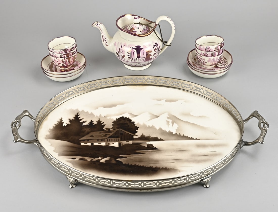 Tray with cups/saucers/teapot: Antique ceramic tray with six cups and saucers and a teapot. Goldstone decoration. 19th century. Dimensions: 6.5 x 54 cm. In good condition.