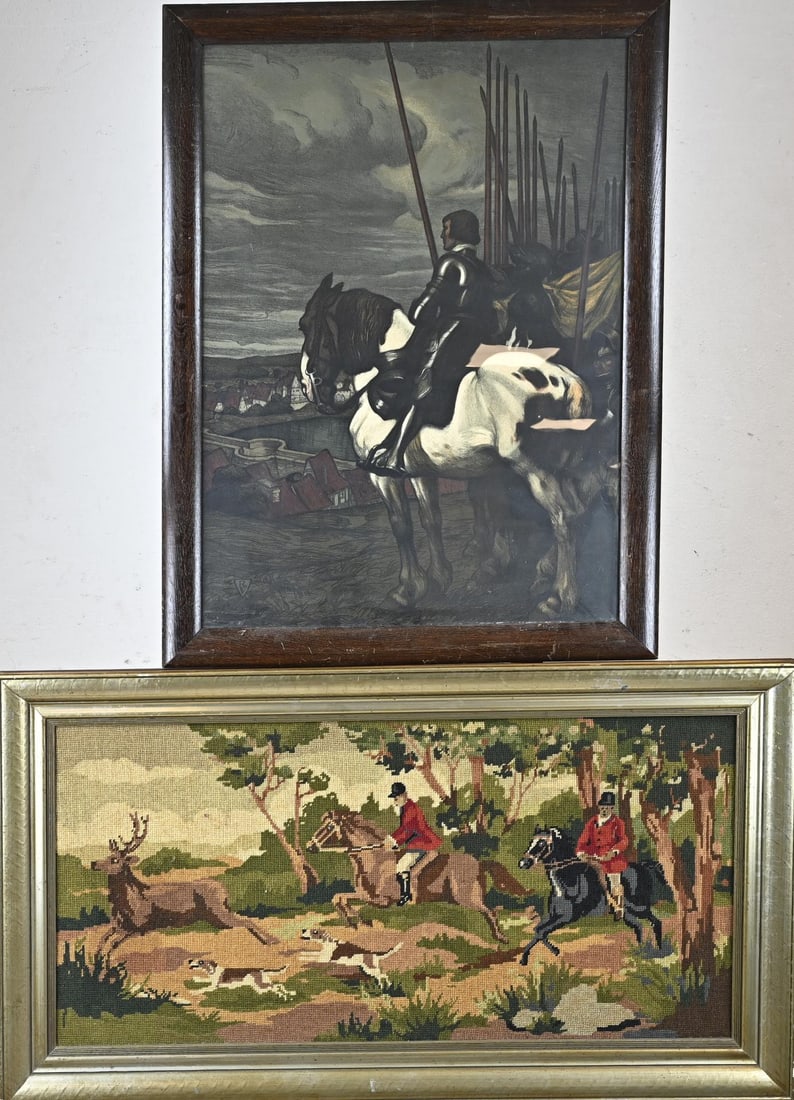 2x Miscellaneous: Antique lithograph, Angelo Jank + old embroidery in frame. 20th century. Dimensions: 75 x 90 cm. In good condition.
