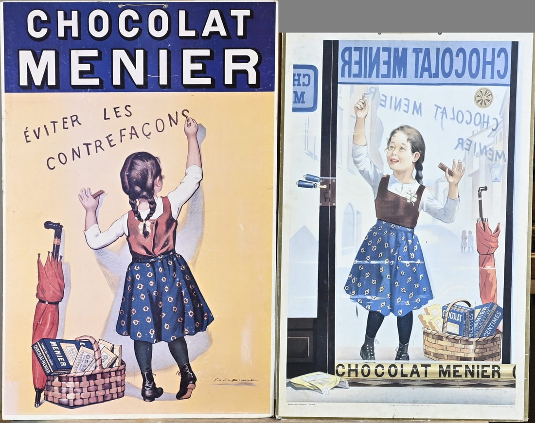 2x Advertising poster: Two old French posters for Chocolat Menier. Circa 1930 - 1950. Dimensions: 62 - 60 cm. In good condition.