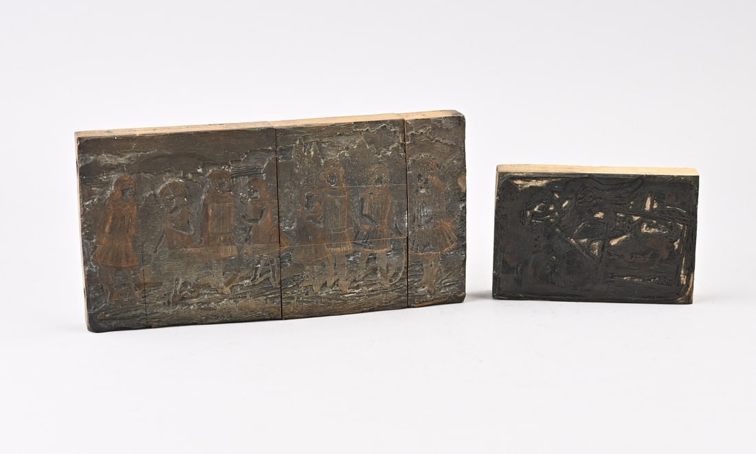 2x Antique stamp: Two antique hardwood stamps. 19th century. One stamp signed. Landscape/figures. Dimensions: 11.7 x 22 cm. In good condition.