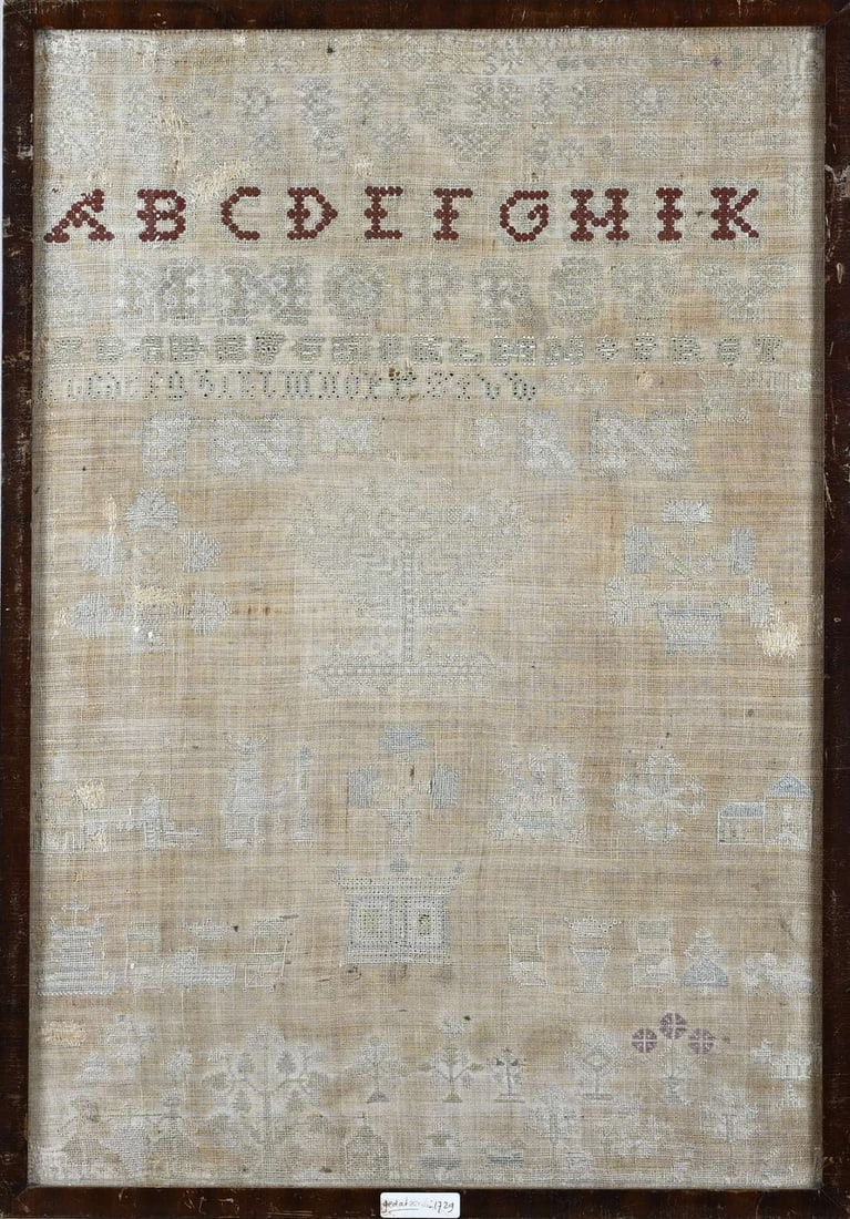 18th-Century Sampler 1729: 18th-century sampler in a frame. Annotation 1729. Dimensions: 61 x 41 cm. In good condition.