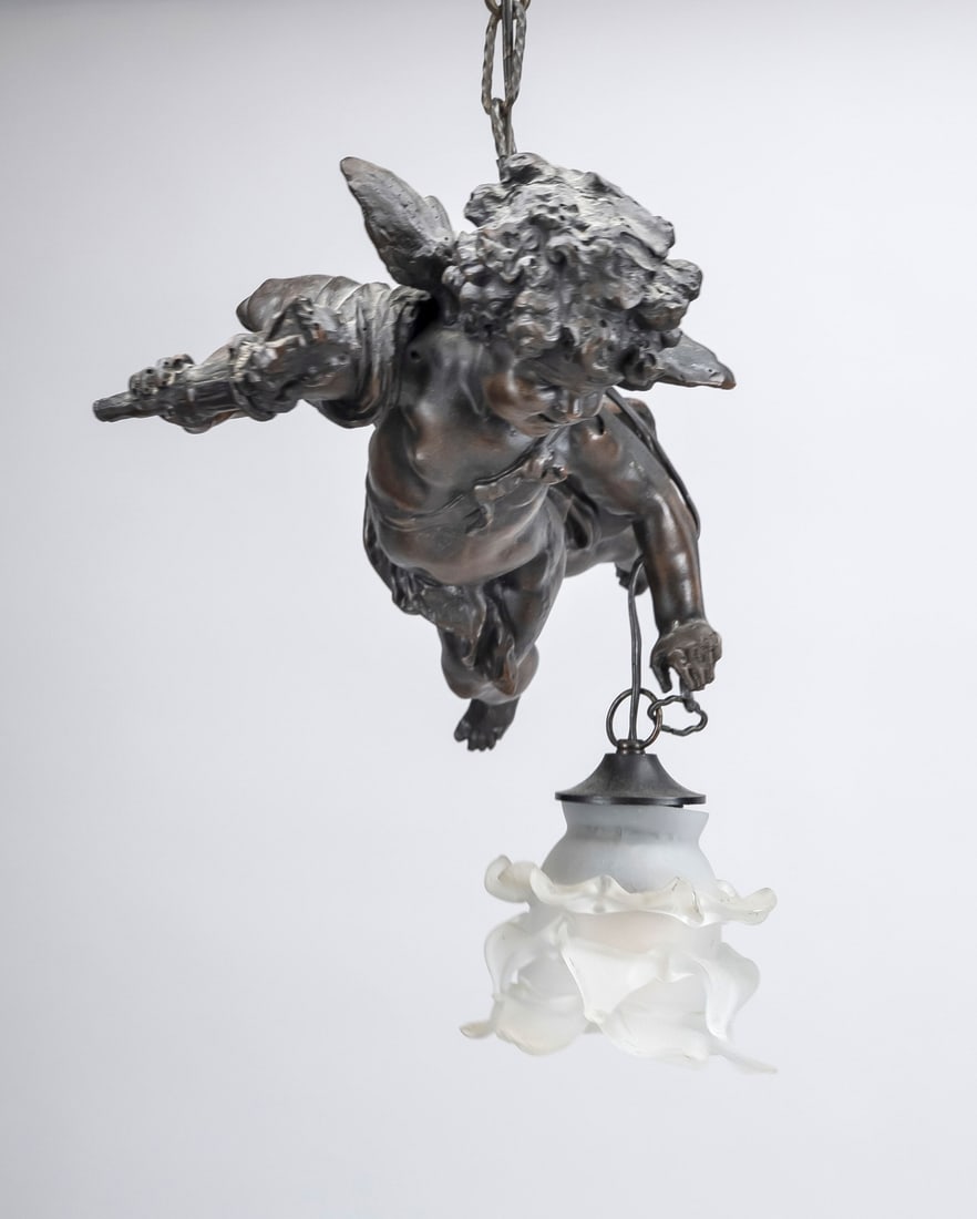 Pendant lamp (putti): Old pendant lamp with putti. 20th century. Composite, bronze-colored patinated. Putti dimensions: 38 cm. Total dimensions: 56 cm. Century. In good condition.