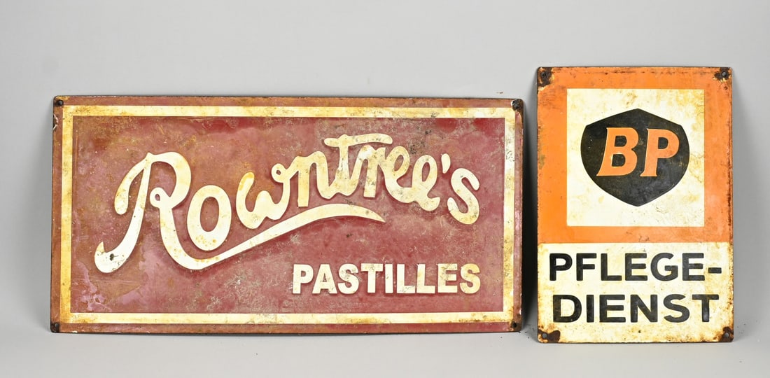 2x Enamel sign, bp + pastilles: 2x Old enamel advertising signs. 1x BP Pflegedienst + 1x Rowntrees Pastilles. Dimensions: 37 - 62 cm. In fair/good condition.