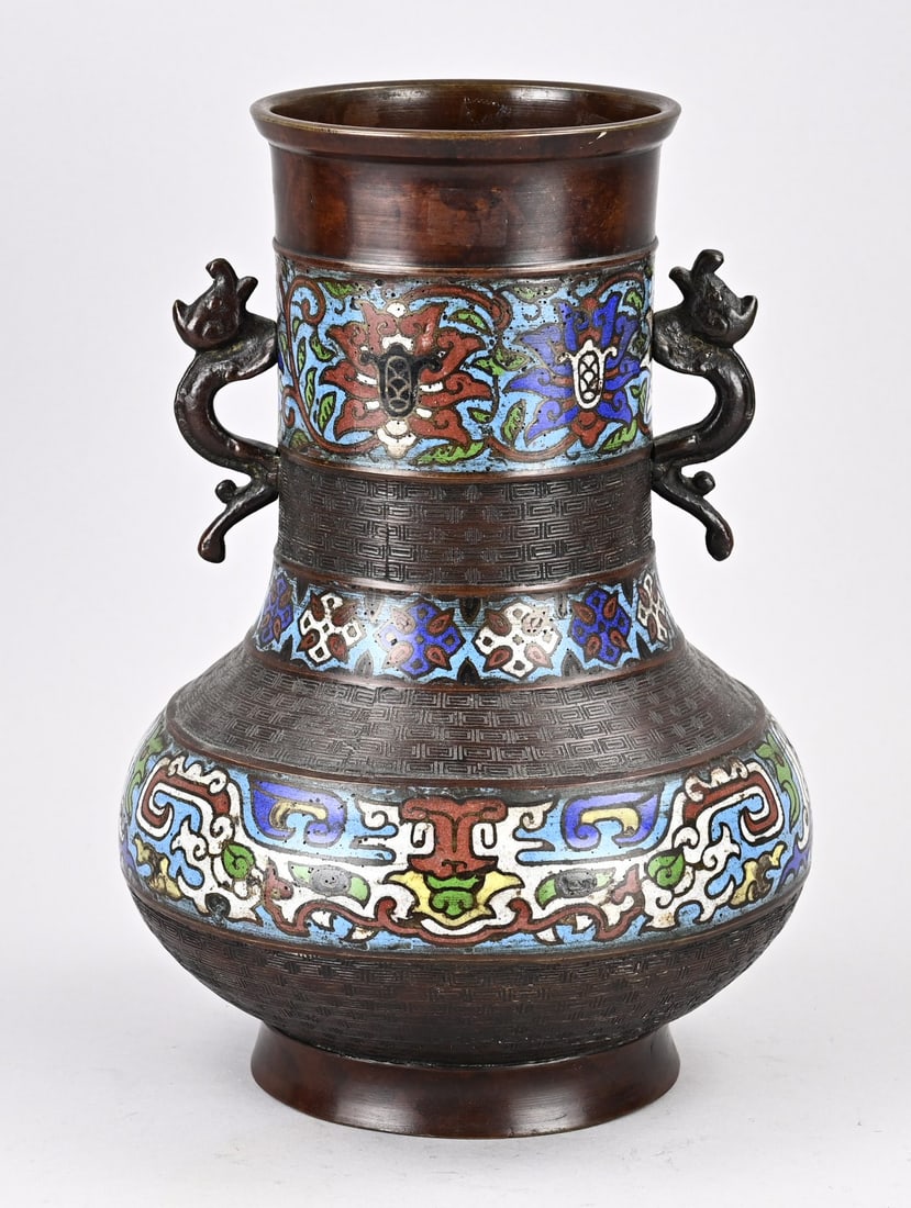Japanese cloisonné vase, H 30 cm.: Antique Japanese bronze cloisonné ear vase with floral decoration. Dimensions: H 30 cm. In good condition.