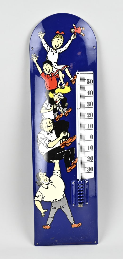 Enamel sign Suske and Wiske: Enamel Suske and Wiske advertising sign, with thermometer. 21st century. Dimensions: 75 x 20 cm. In good condition.