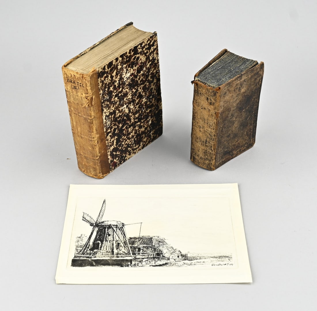 2x Antique book, 1x Etching Rembrandt 1641: Old etching, signed Rembrandt 1641. Plus an antique religious book 'De Godvruchtige avondmaalganger' 1754. And 'Dat is reden Godsdienst', Hendrik van den Aak 1730. Dimensions: 15.5 x 25 cm. In good co