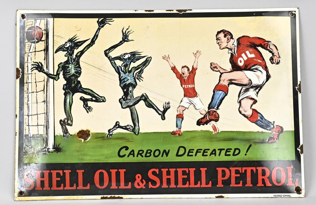 Shell advertising sign: Old enamel advertising sign for Shell Oil + Shell Petrol. Dimensions: 35 x 42 cm. In reasonable condition.