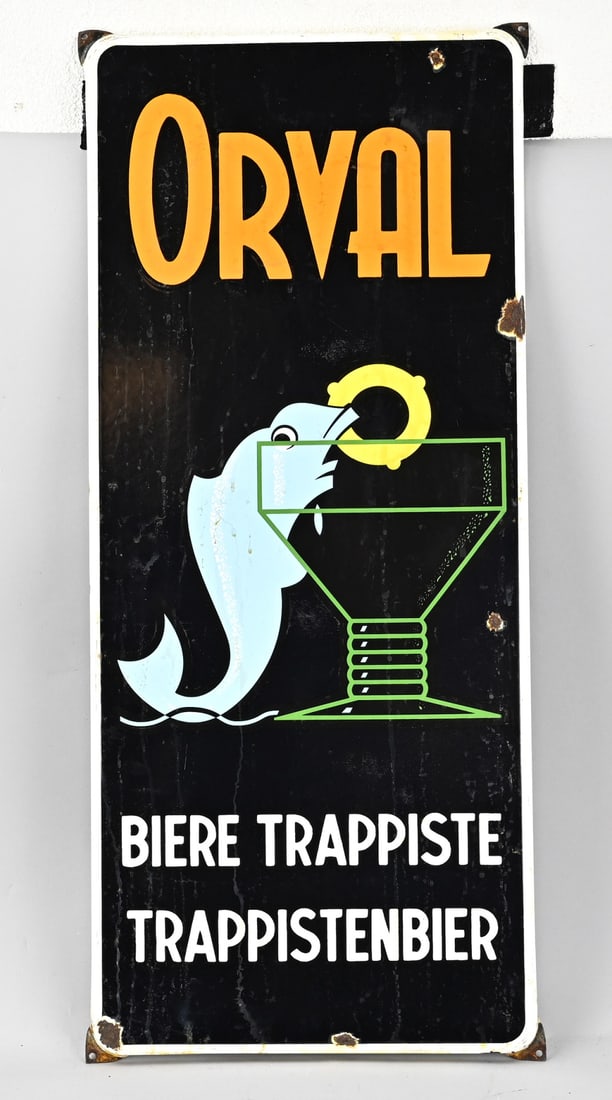 Trappist beer advertising sign: Old enamel advertising sign for Orval Bière Trappiste. Dimensions: 70 x 30 cm. In reasonable condition.