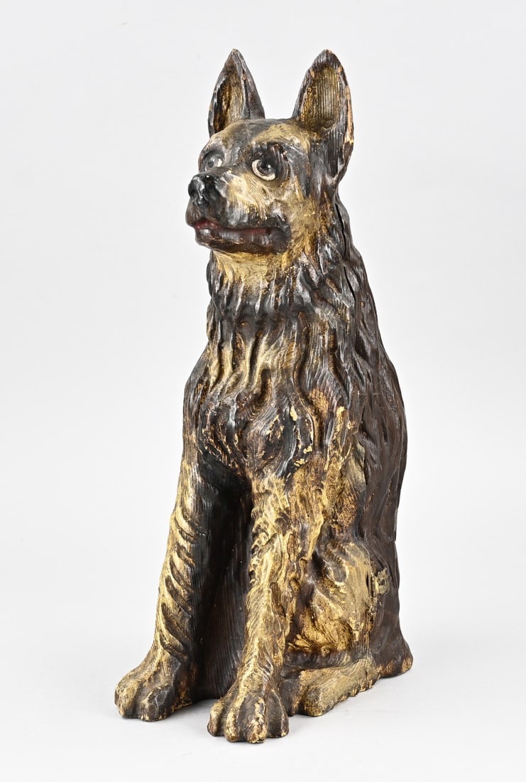 Bottle holder (dog): Carved and polychrome wood bottle holder in the shape of a shepherd dog. Foldable. Dimensions: 43 cm. In good condition.