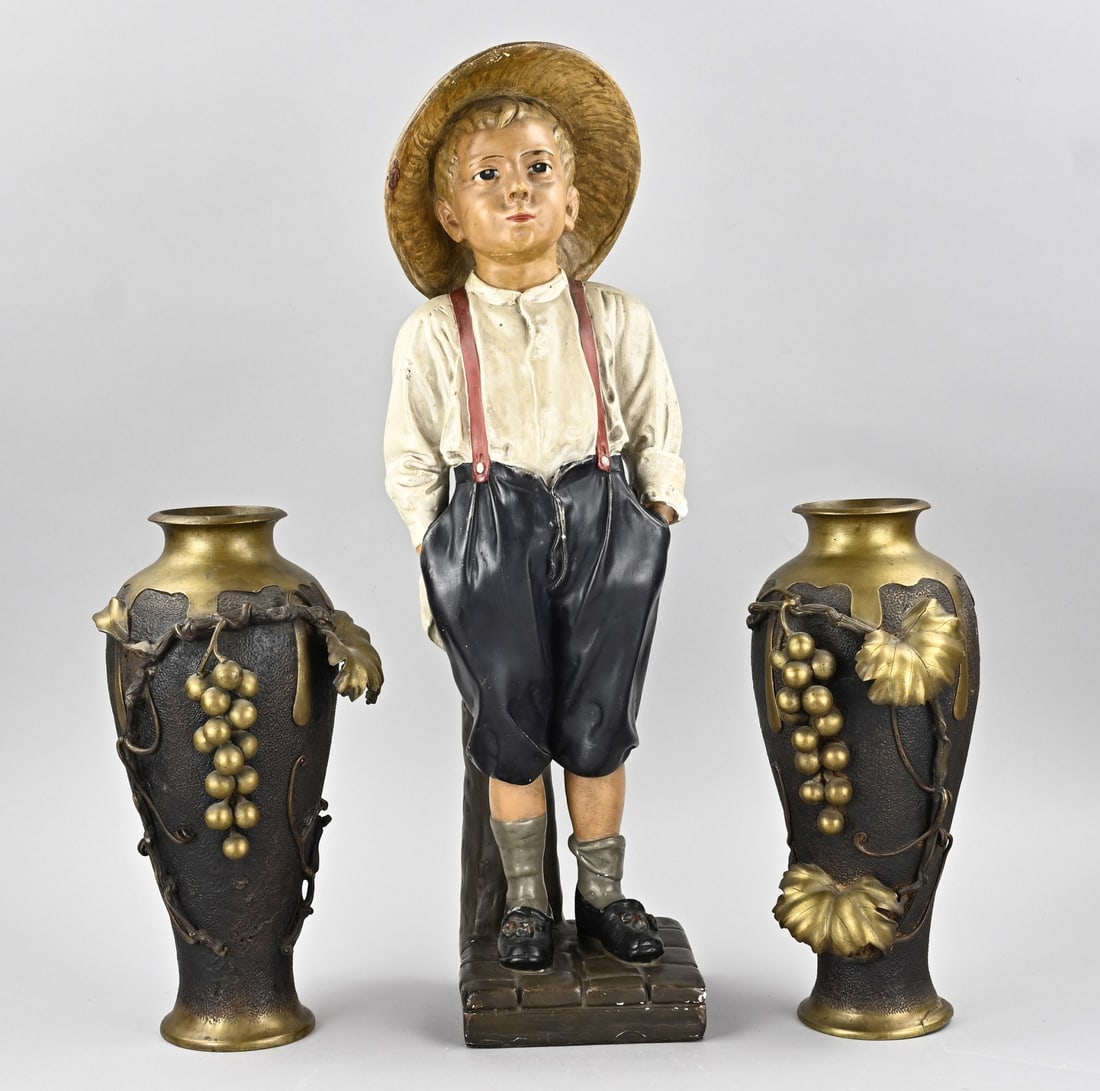 3 Miscellaneous Parts: Three antique pieces. 2x Japanese Meiji vases with grapevines + base mark, circa 1880, one vase damaged. Also a plaster figure, boy with a hat, circa 1900. Dimensions: 34 - 57 cm.